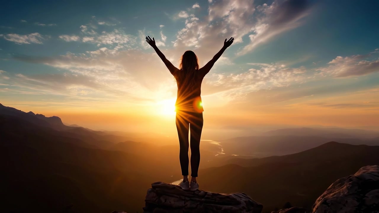 Silhouette di donna con le braccia alzate su una montagna al tramonto dorato