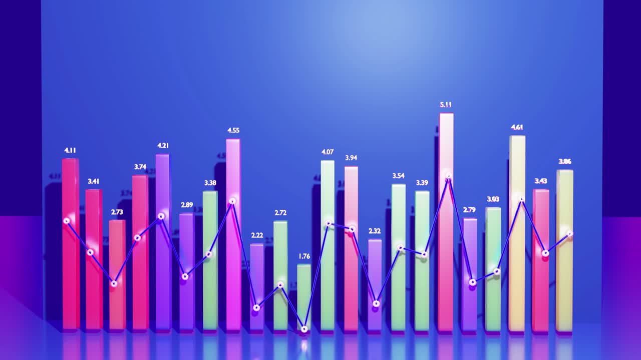 hermoso fondo en bucle 3d para programas analíticos con infografías abstractas, datos estadísticos. barras multicolores, contadores y gráficos. columnas 3d se mueven suavemente arriba y abajo en bucle. bg financiero