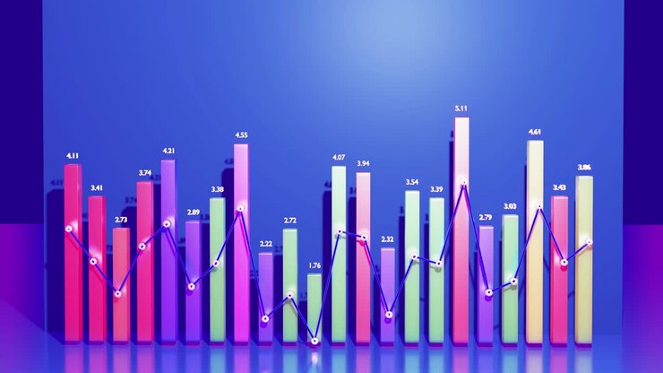beautiful 3d looped background for analytical programs with abstract infographics, statistical data. Multicolor bars, counters and graph. 3d columns smoothly move up and down in loop. Financial bg