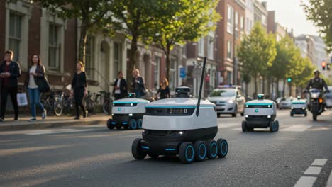 a fleet of autonomous delivery robots navigating city streets, showcasing the future of urban transportation and automation amidst pedestrians and bicycles