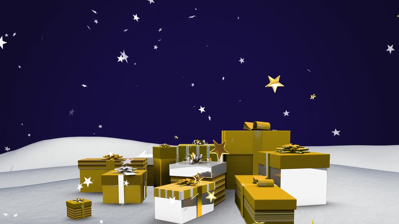 Animation of white and gold stars falling in night sky over gold and white christmas presents