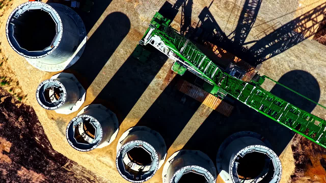 Aerial view of wind turbine foundations under construction, with large concrete tower bases and heavy machinery on the work site. A detailed look at renewable energy infrastructure
