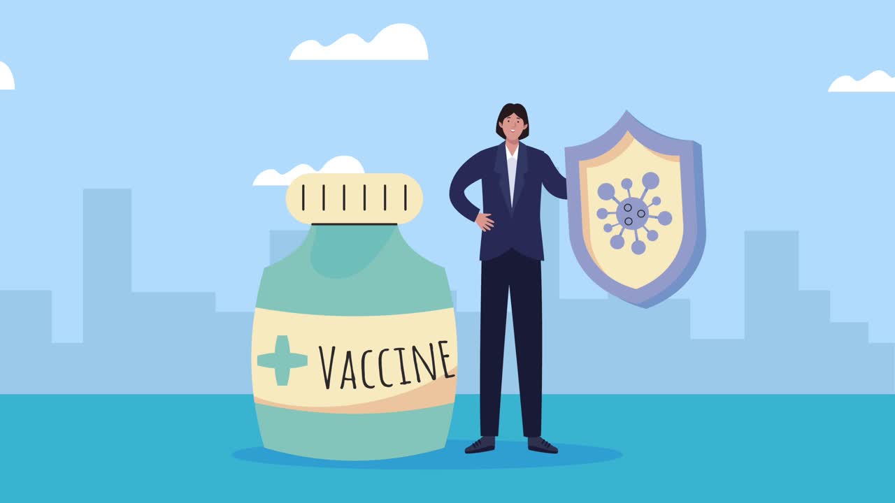 코로나19 백신 애니메이션에서 사람이 방패와 병을 들어 올리는 장면