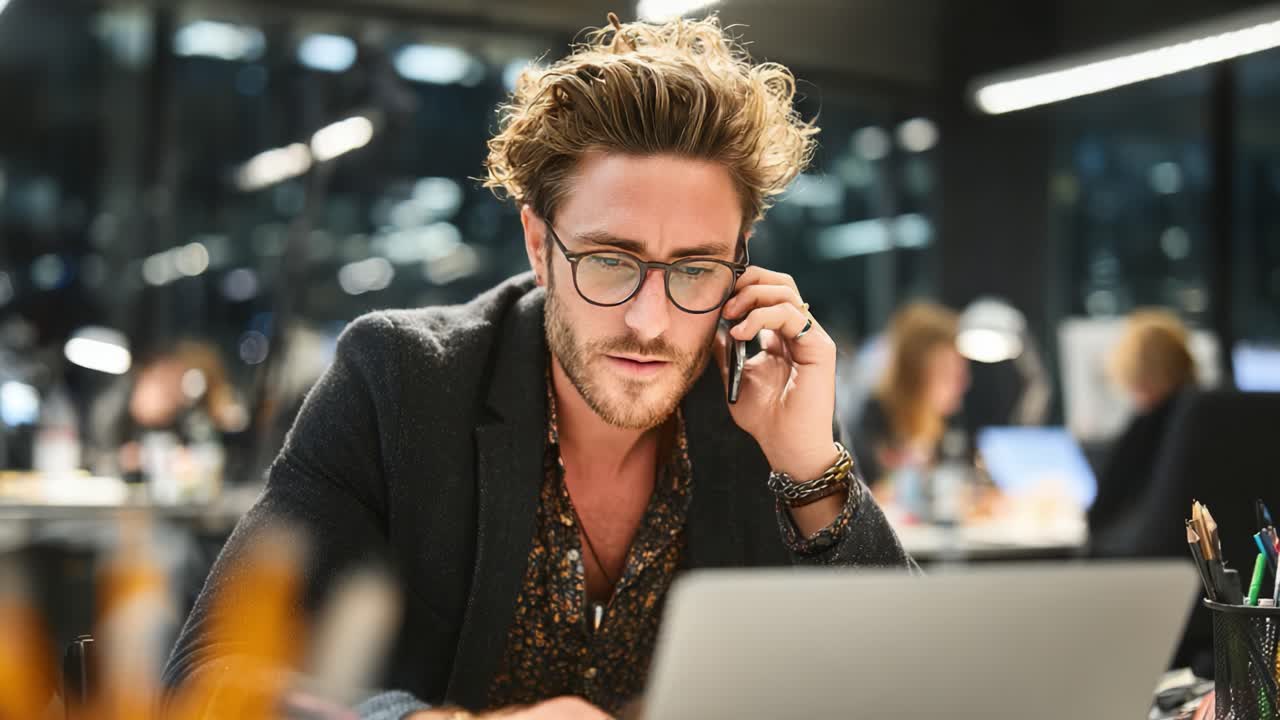Geconcentreerde professional bezig met werk terwijl telefoon en laptop worden gebruikt in een moderne kantooromgeving, illustrerend de combinatie van communicatie en technologie in dagelijkse taken