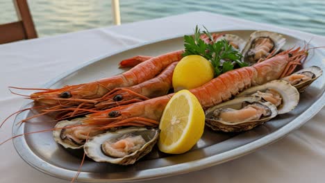 a delicious seafood platter featuring fresh shrimp and oysters garnished with lemon and parsley, perfect for a gourmet dining experience by the water