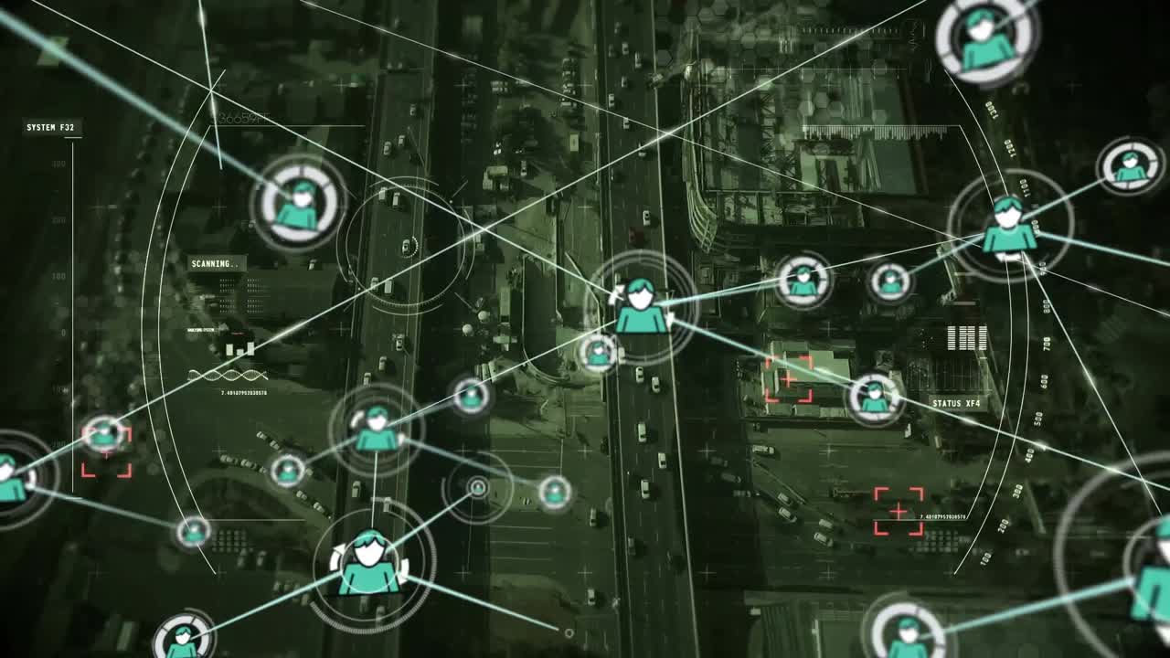 Animation of network of connections with icons over cityscape