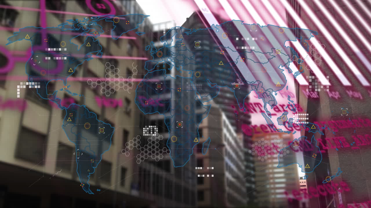 animación del procesamiento de datos financieros sobre el paisaje urbano
