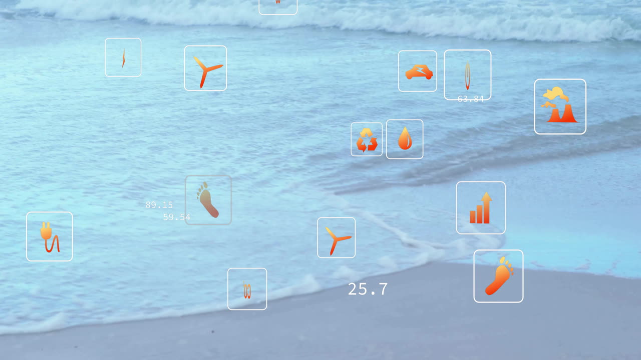 Animation of ocean waves with icons and data for environmental monitoring