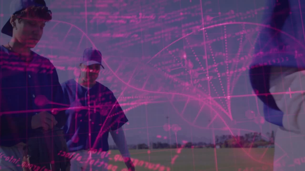 Baseball players on field with scientific data processing animation over them
