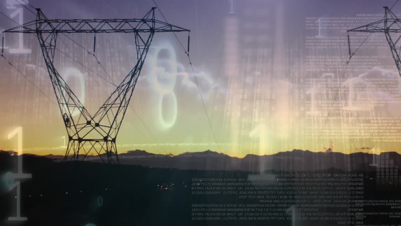 анимация обработки данных и двоичного кодирования над ландшафтом с электрическими столбами