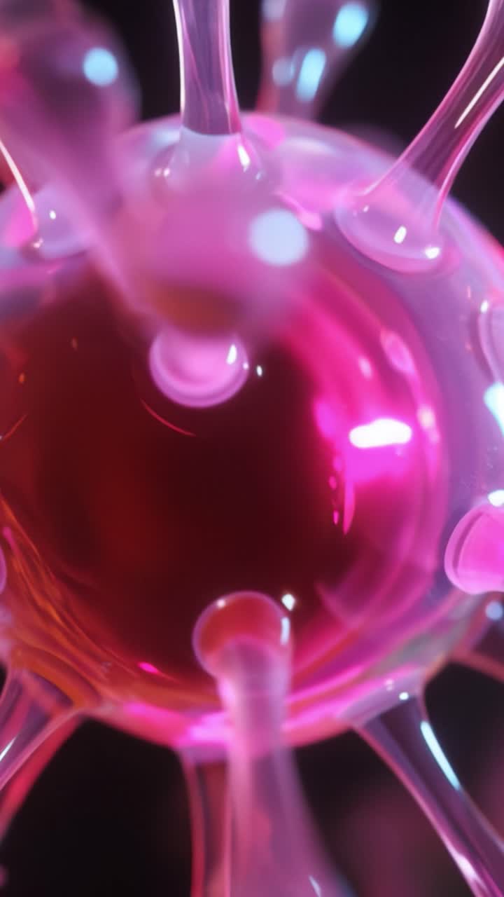 Primo piano di una vibrante struttura microscopica rosa con appendici scintillanti e uno sfondo scuro, che ne evidenzia i dettagli intricati e il design unico.
