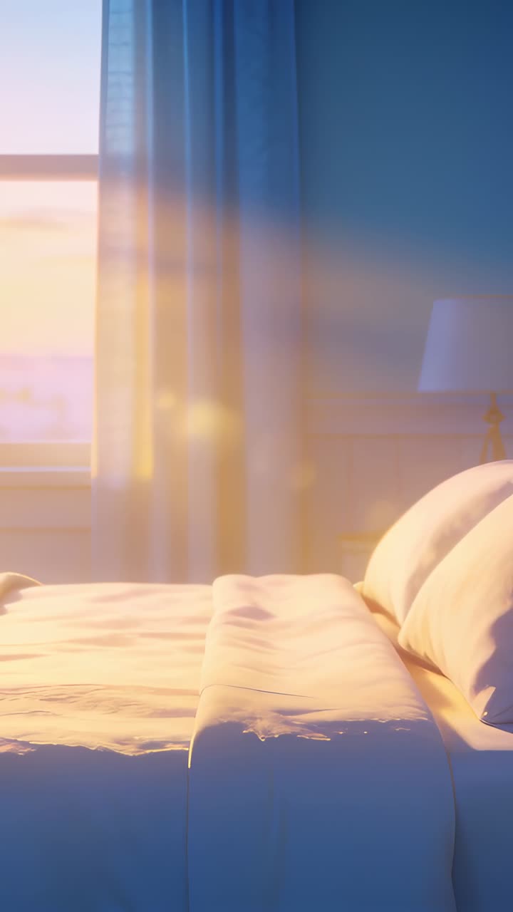 Vertical video: Entering morning light via window warming bed in bedroom, casting flare on pillows