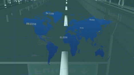 animation of data processing and world map over digital road