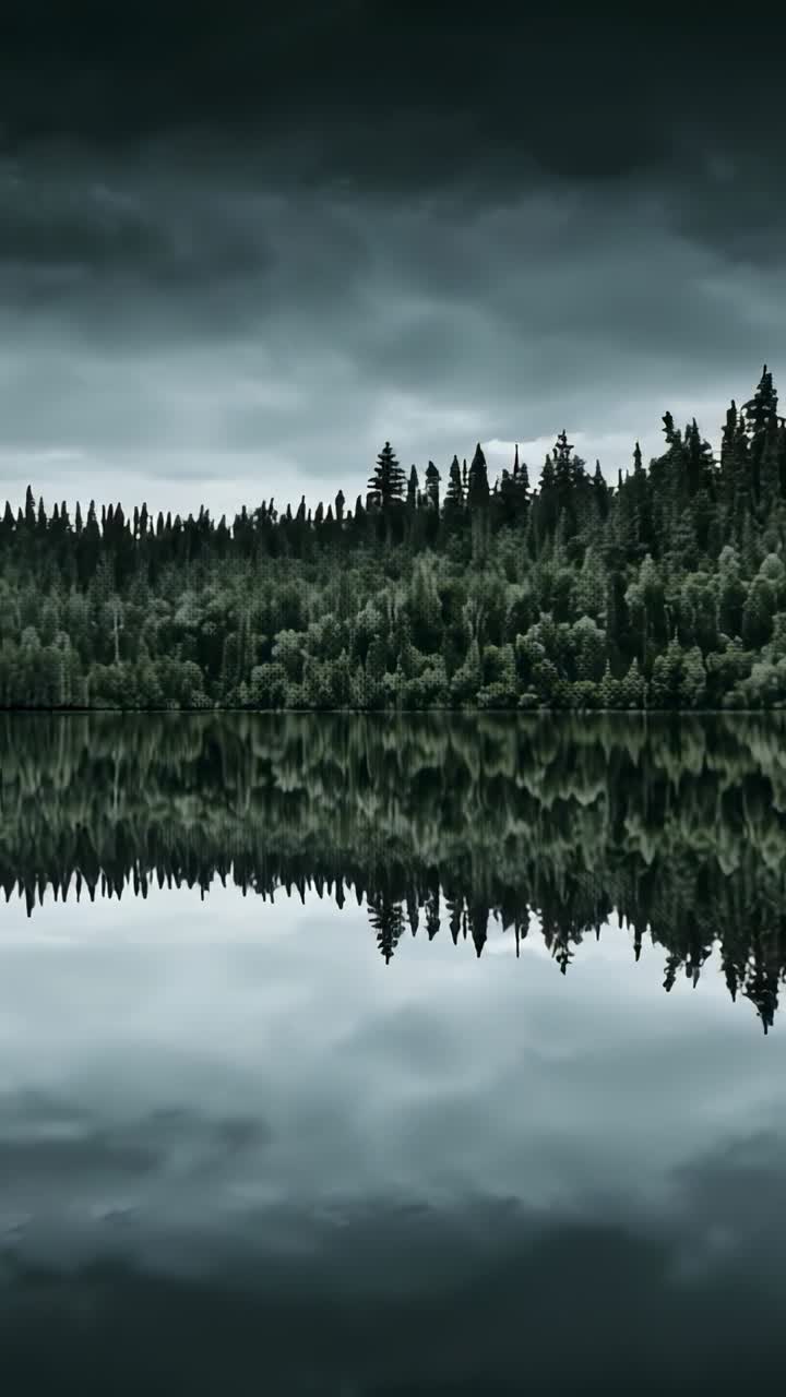Vertical video: Recording coniferous treeline reflecting on calm lake shoreline, overcast clouds