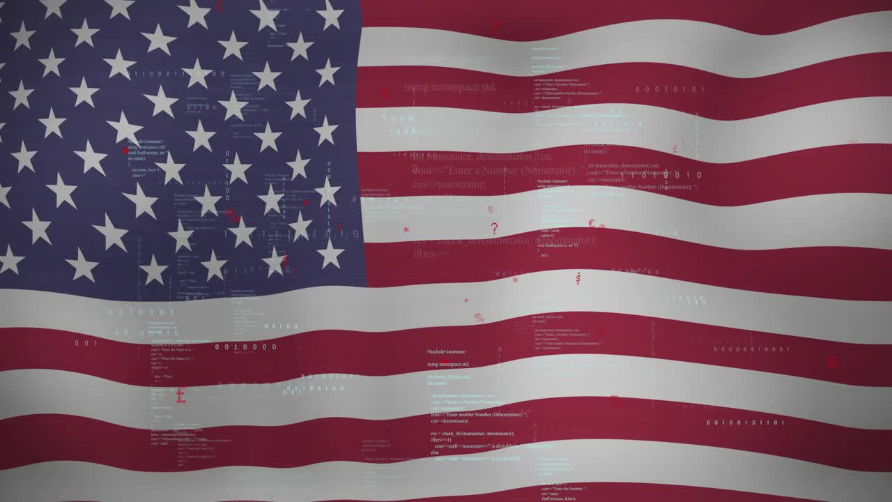 American flag wave starting binary digits drifting code sliding fading showing digital patriotism