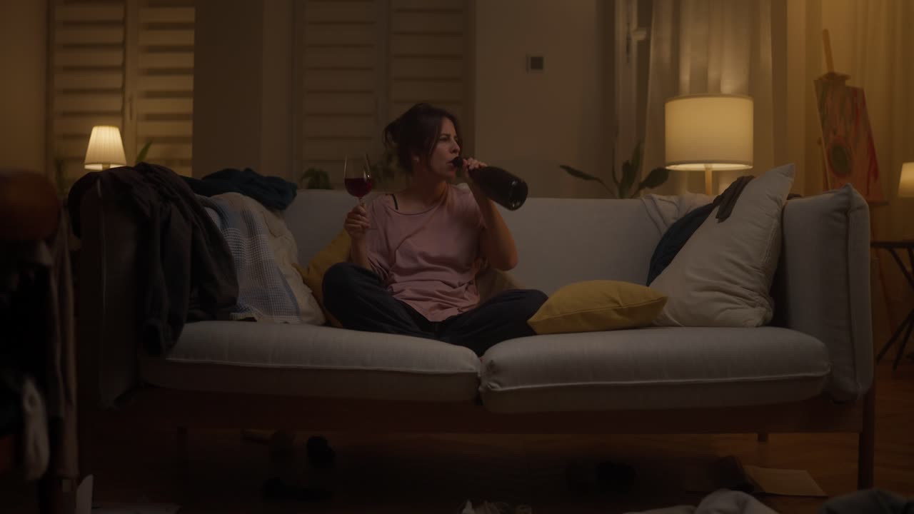 Kvinde drikker vin alene på en sofa om natten