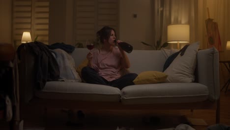 mujer bebiendo vino sola en un sofá por la noche