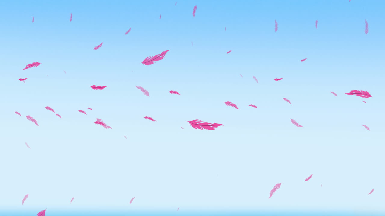 파란 하늘 위에 떨어지는 분홍색 새 털의 애니메이션