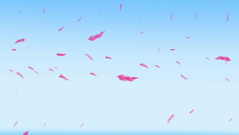 animación de plumas de pájaros rosas cayendo sobre el cielo azul