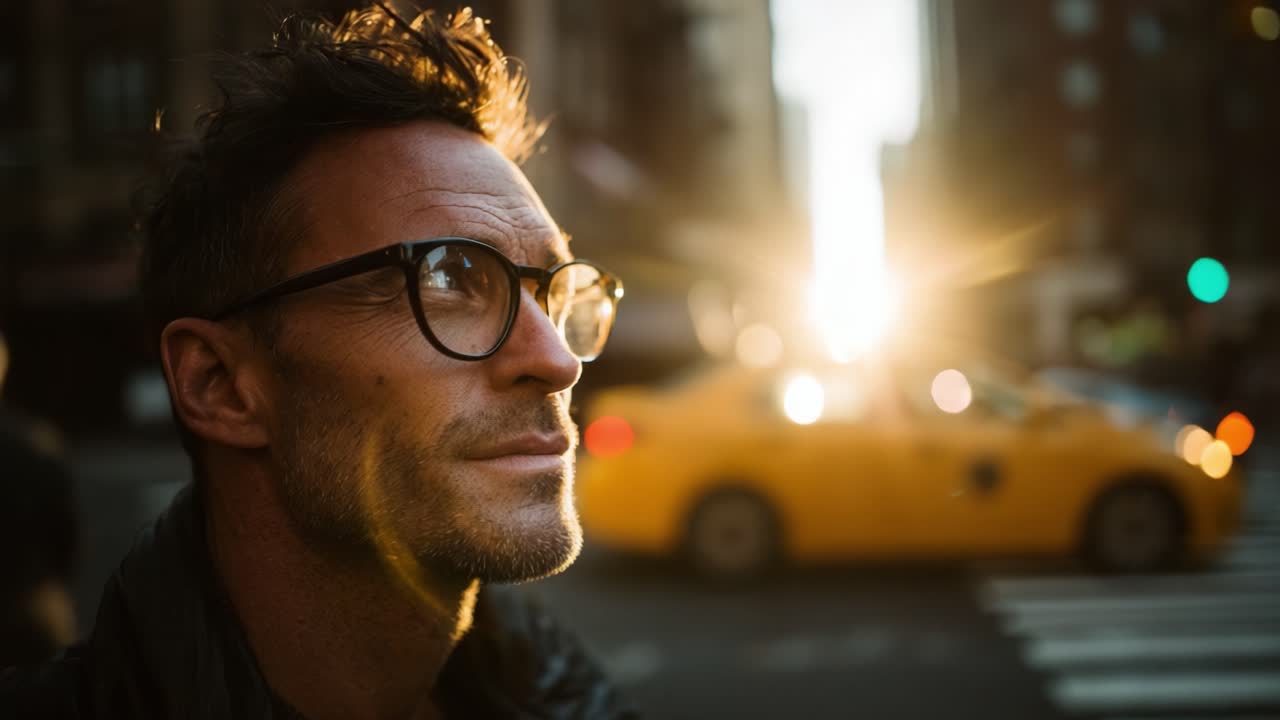 Un uomo contemplativo guarda il tramonto su una vivace strada cittadina, catturando un momento di riflessione in mezzo alla vibrante vita urbana e al bagliore dell'ora d'oro