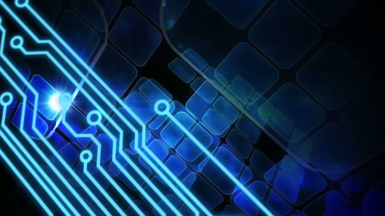 Animation of blue glowing squares moving with computer circuit board processing information