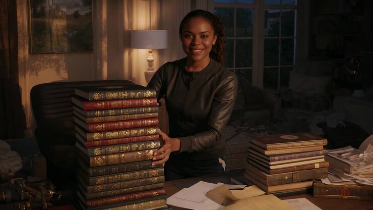 Placing hands on tall stack, woman in dark top steadying ornate books in study for presentation