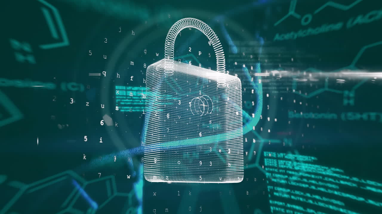 animación del procesamiento de datos con icono de candado sobre fórmula química en fondo negro
