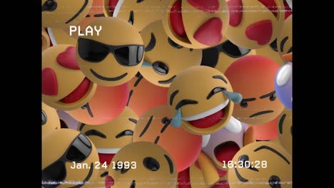 animación digital del efecto de falla de vhs sobre varios emojis de cara en fondo negro