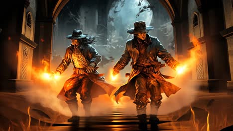 mysterious figures with torches exploring a dark cavern