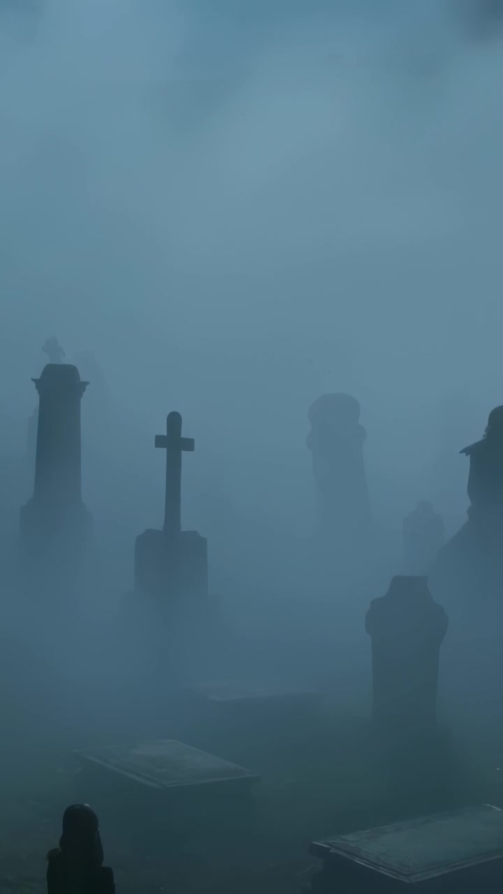 Video verticale: Nebbia che si dirada rivelando una croce centrale in un cimitero, creando un'atmosfera inquietante.