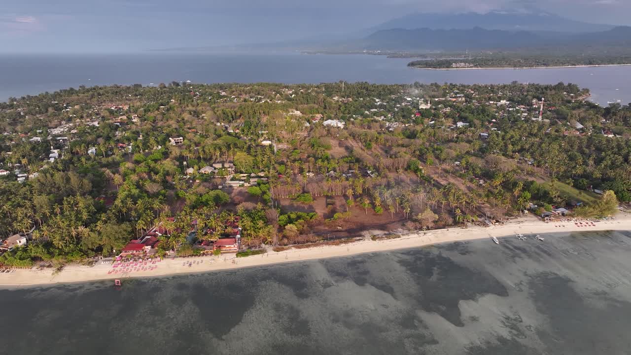 Aerial panoramic of Gili Air island with sandy beaches, popular travel destination Indonesia.
