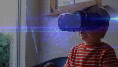 animation of data processing over caucasian boy using vr headset