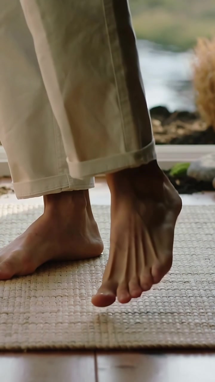 Vertical video: Watching water at doorway, pair in rolled pants lifting heels, flexing toes on mat