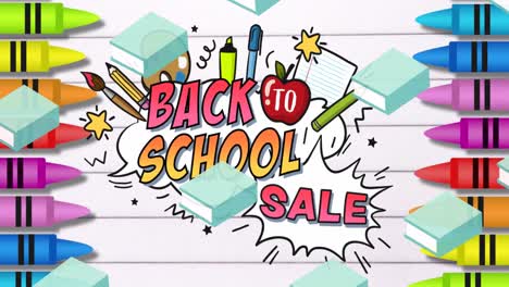 animation of back to school sale text with school items icons over white background