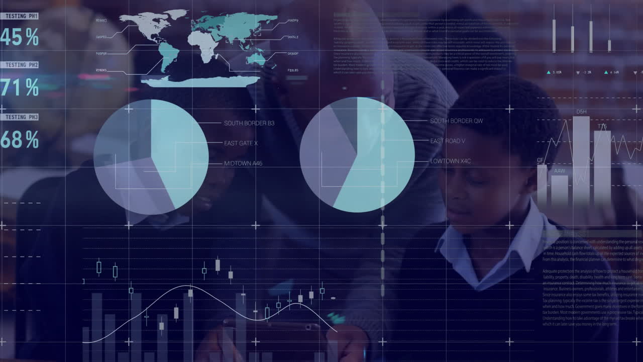 Animation of data processing on charts over african american children and male teacher in class