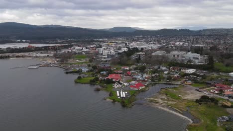 Aerial-View-Of-Ohinemutu-Maori-Village-And-Te-Ruapeka-Bay-In-Rotorua,-New-Zealand