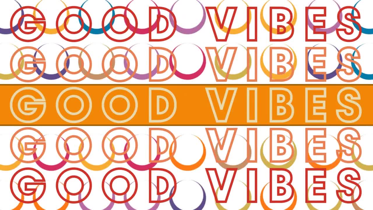 animación de buenos ritmos texto repetido sobre círculos de colores sobre fondo blanco