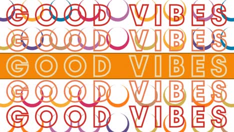Animation-of-good-vibes-text-repeated-over-colorful-circles-on-white-background