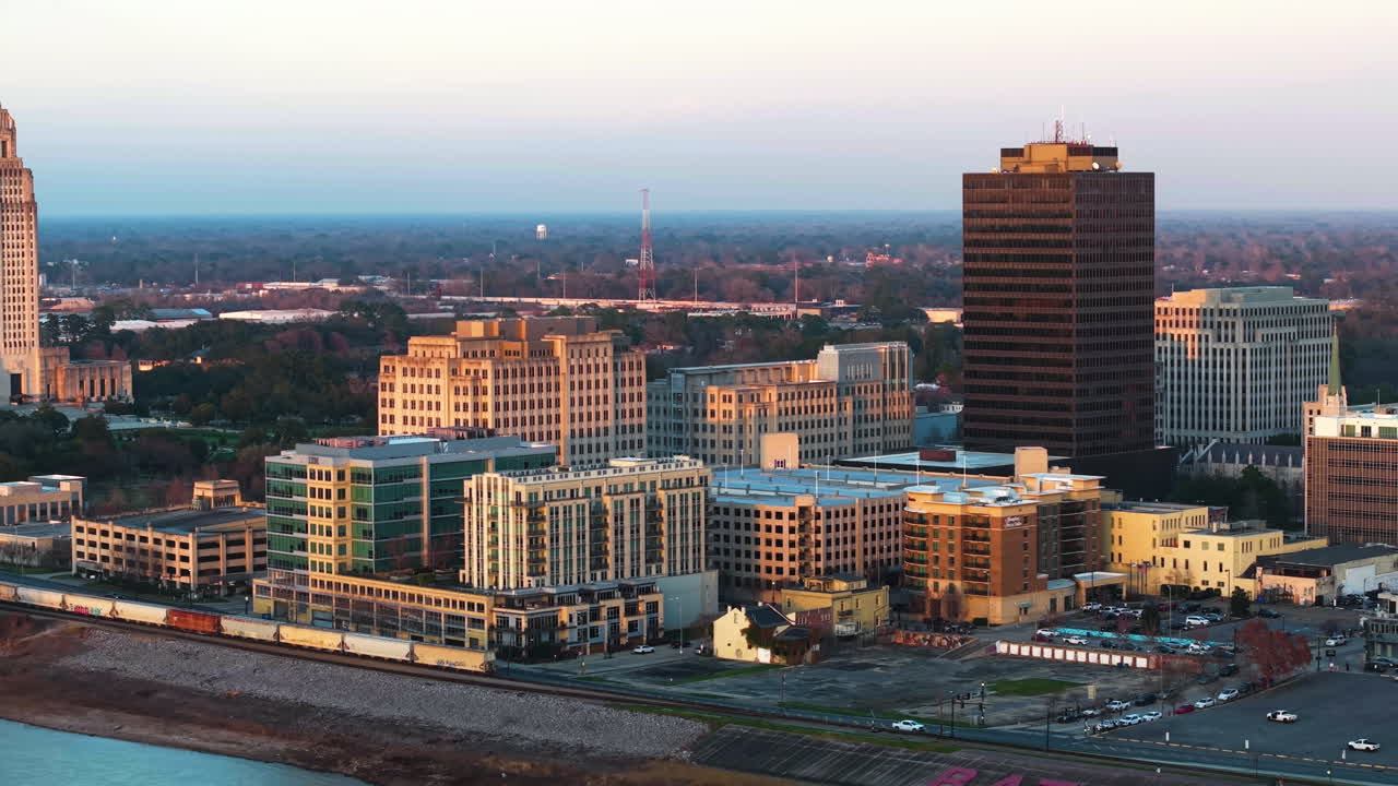 Aerial view away from the cityscape of Baton Rouge, sunny evening in La, USA