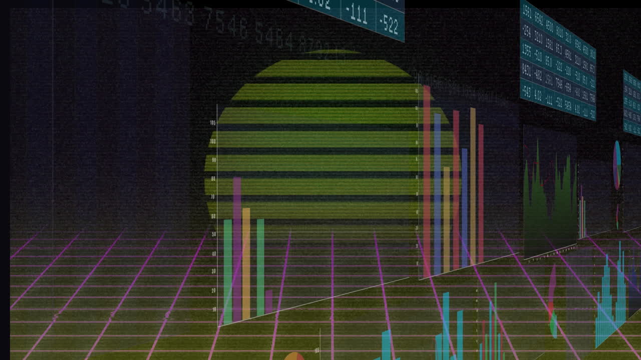 그림, 숫자 차트의 애니메이션은 검은색 배경에 태양에 대한 그리드 패턴을 통해