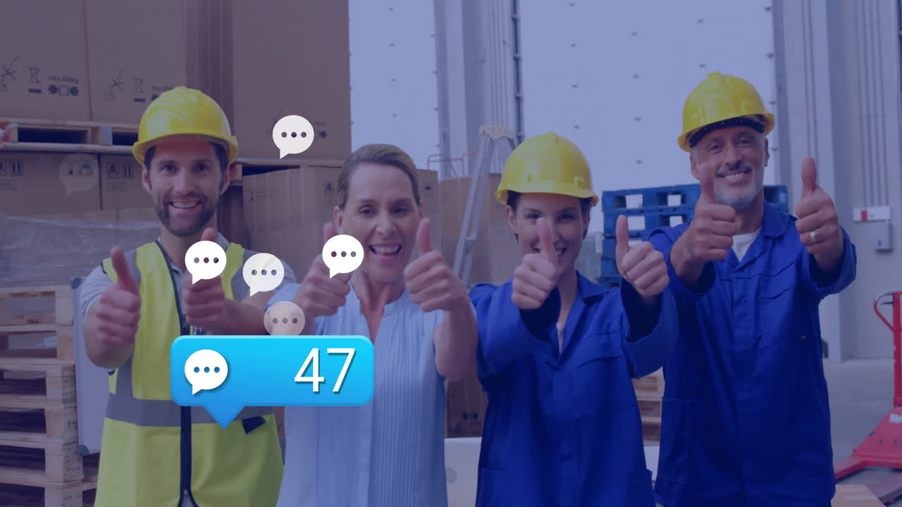 Animation of media icons over caucasian workers with thumbs up