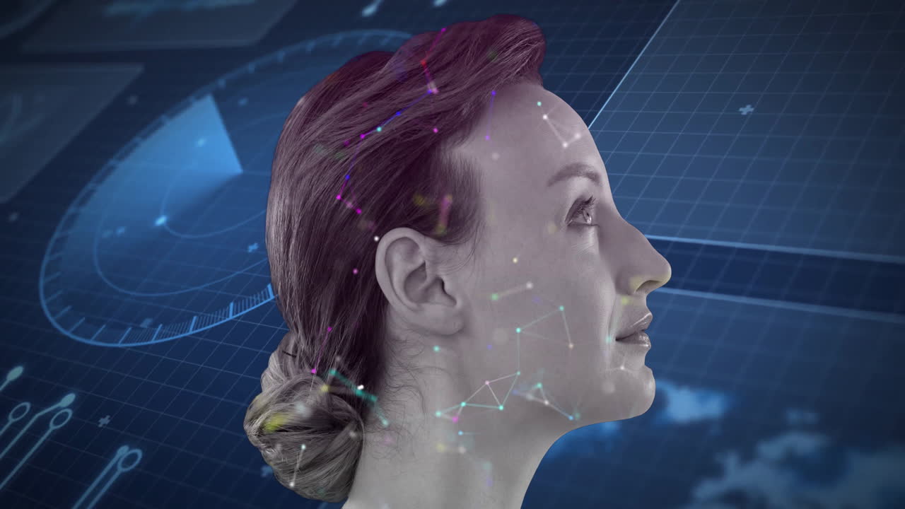 Sovrapposizione animata con dati digitali e connessioni di rete sul profilo di una donna