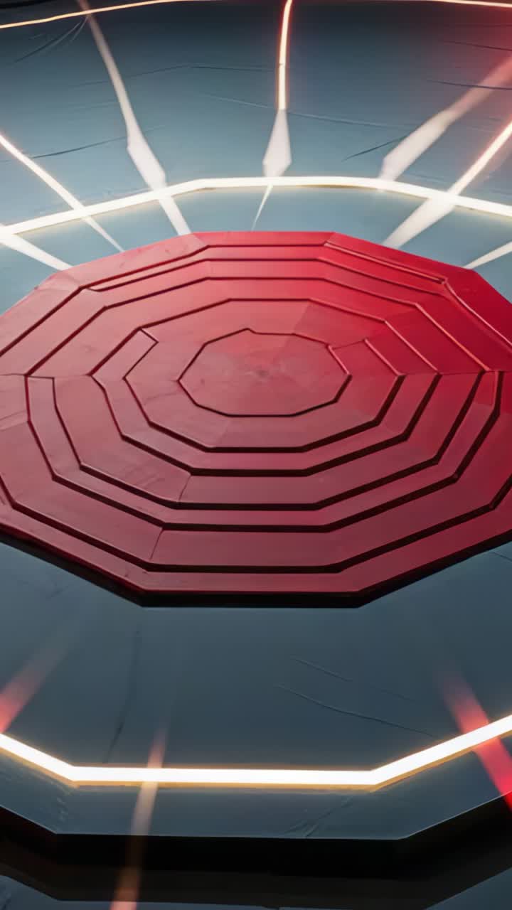 Vertical video: Opening on red octagonal podium showing neon rays forming radial grid in cyberspace