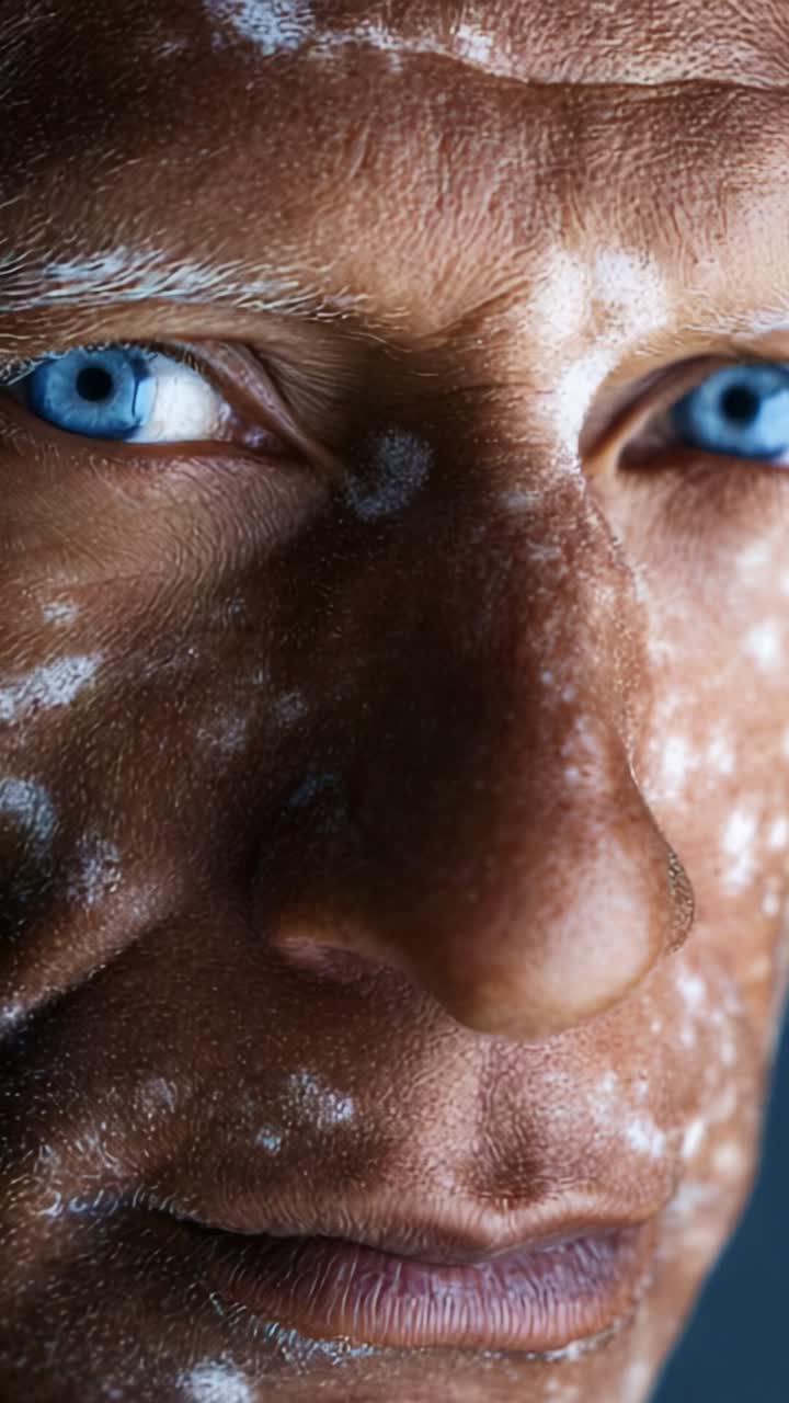 Close-up of a human face featuring striking blue eyes and unique skin texture with a visually captivating pattern, emphasizing details in an artistic portrayal