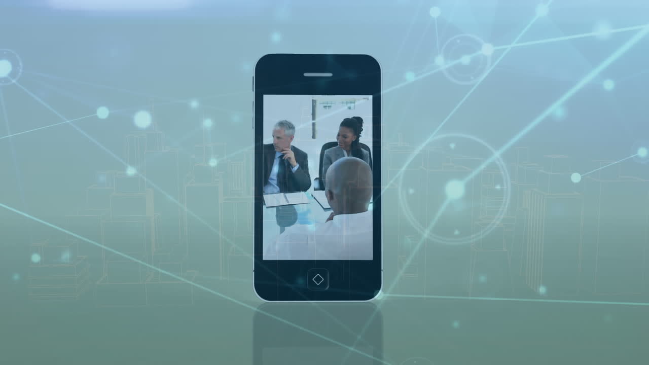 animación de puntos conectados, diversas personas de negocios estrechando la mano, discutiendo informes en el teléfono celular