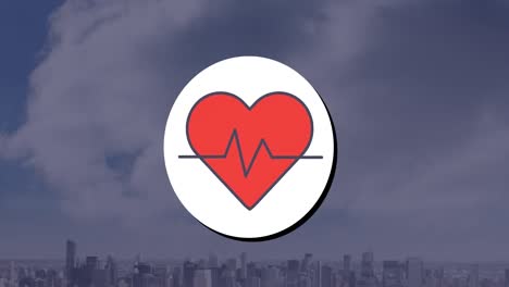 animation of heart with heart rate over cityscape