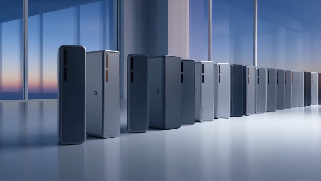 Row of smartphones in a modern setting