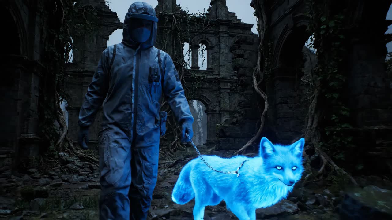 Man and Blue Fox Exploring Ruins