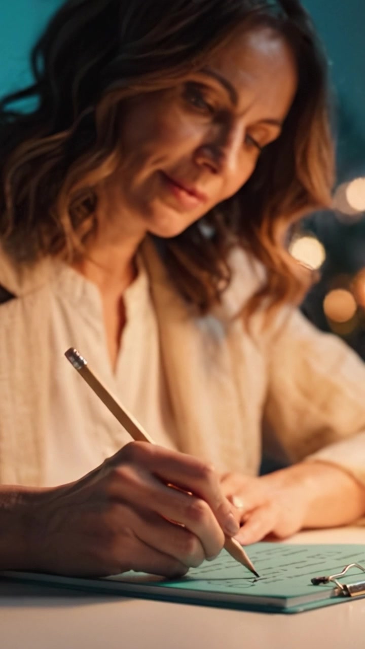 A focused woman diligently writing on a sheet of paper surrounded by soft lights, concentrating on her task with a thoughtful expression in a cozy setting.