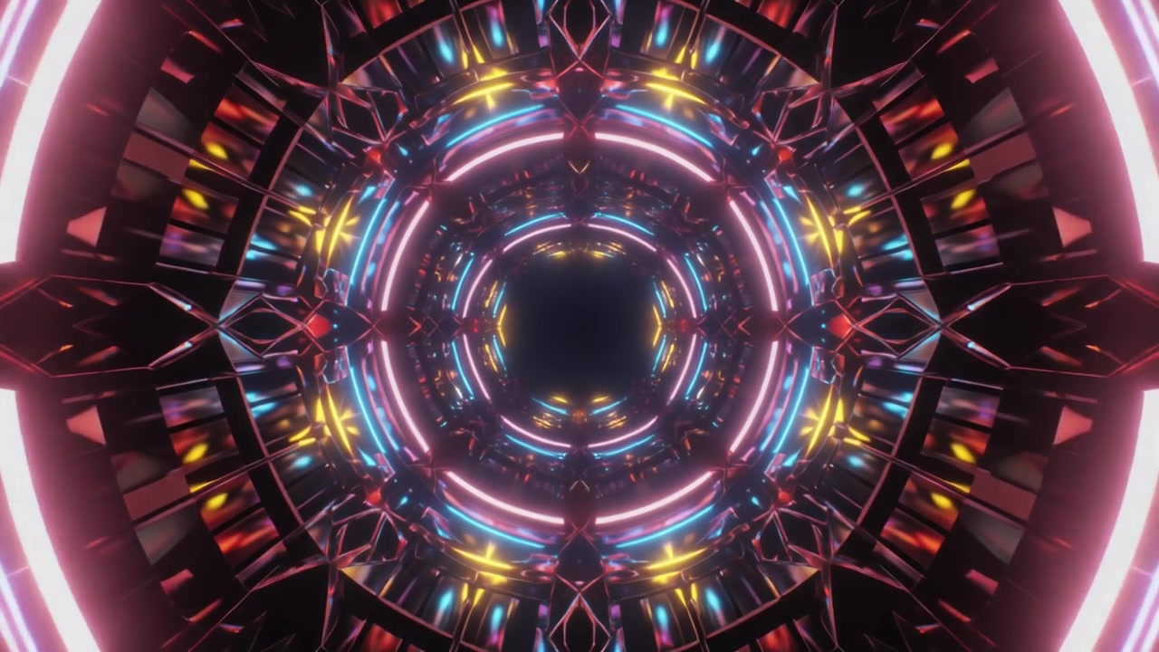 Túnel Abstrato de Luz Neon com Padrões Geométricos de Caleidoscópio